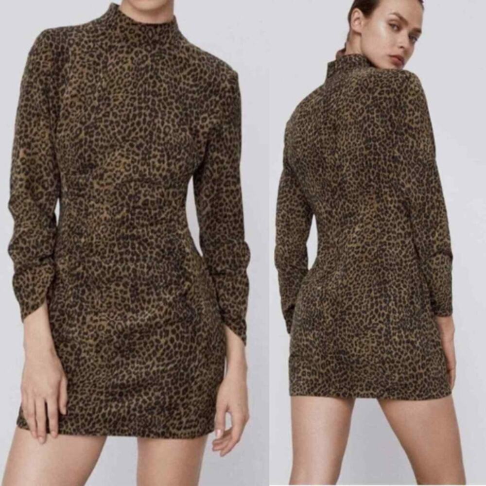 NEW Zara Leopard Animal Cheetah Print Corduroy Mock Neck Mini Dress
